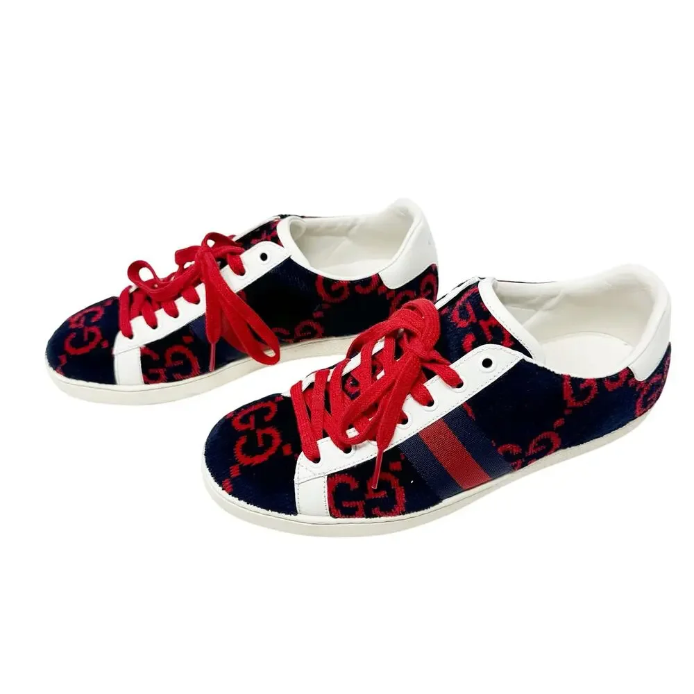 Gucci Ace GG Fabric Sneakers Navy Red Monogram Web Stripe Low Top Women’s 39 - Picture 4 of 11